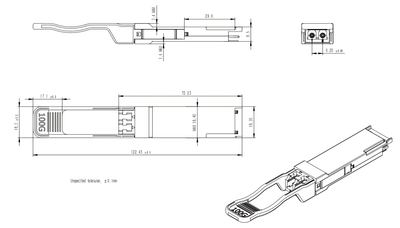 Dimensions of 100G optical modules Dimensions of 100G optical modules