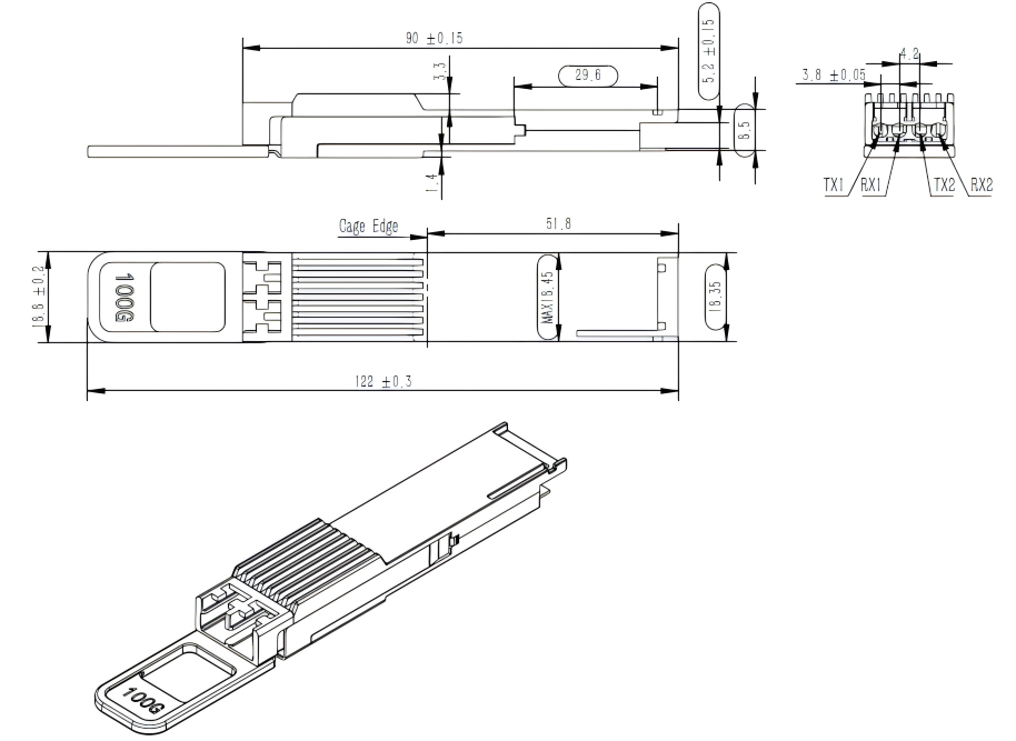 Dimensions of 100G optical modules Dimensions of 100G optical modules